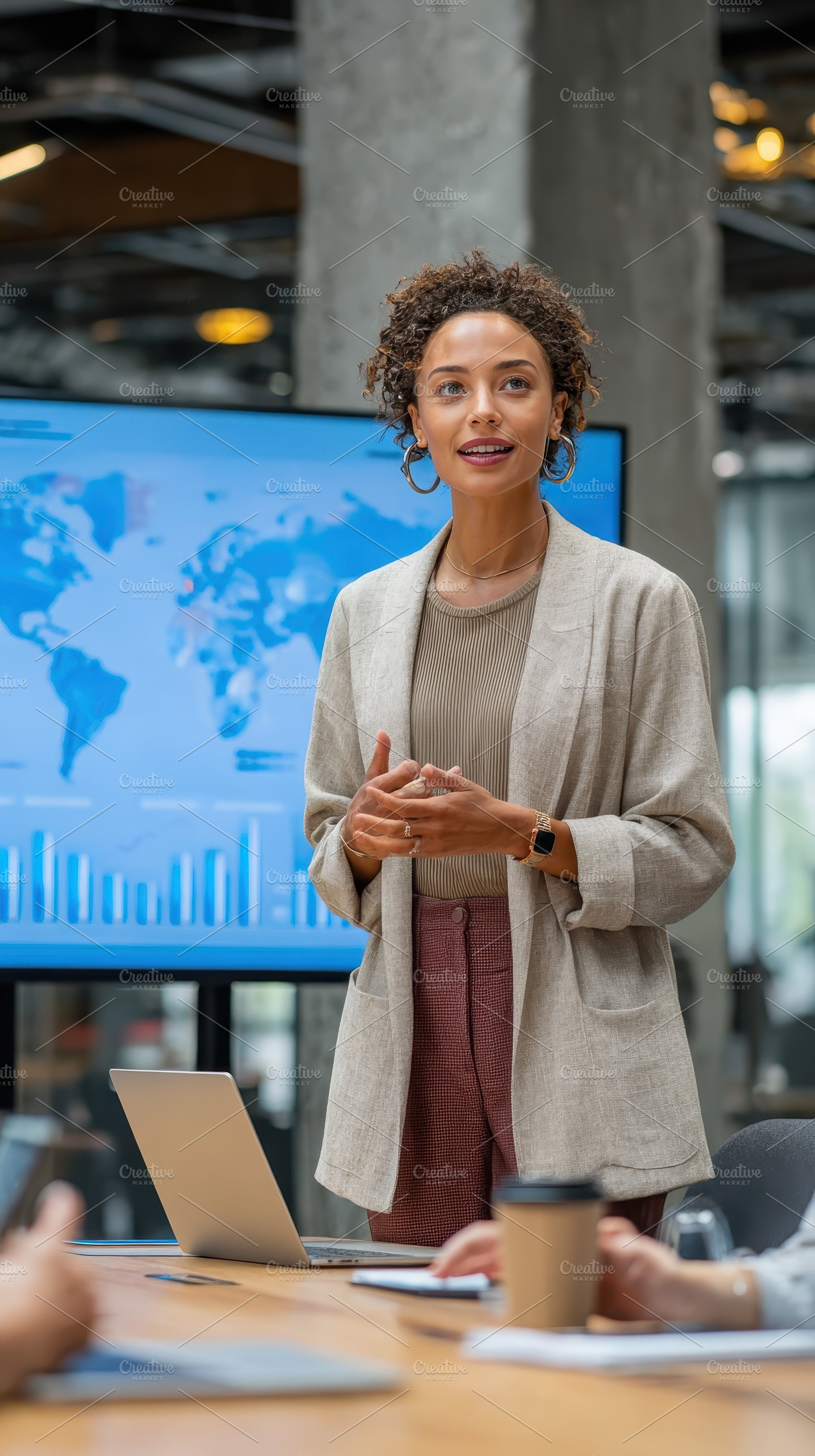 Businesswoman giving presentation gl, a Photo by Pixeness Studio