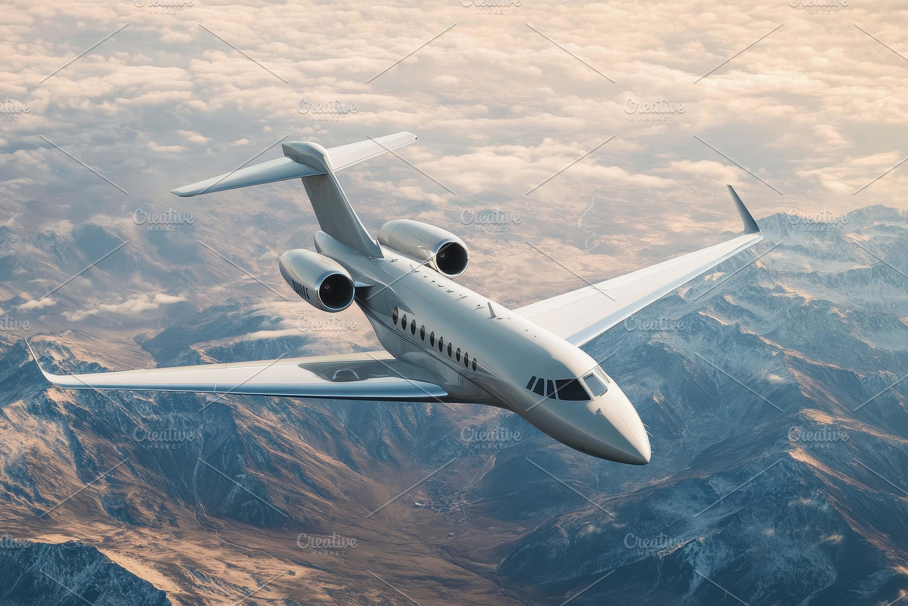 Modern private jet flying above snow, a Photo by Tanuart