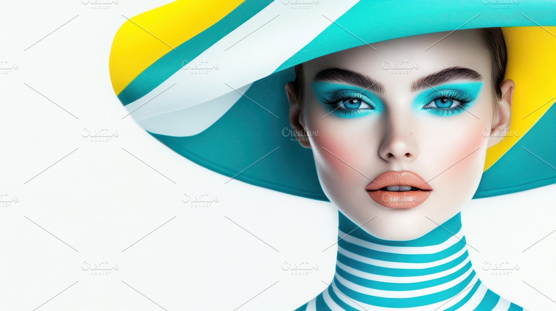 A striking woman in a teal-and-yellow hat with bold makeup and striped attire p, a Person Photo by Mashimara