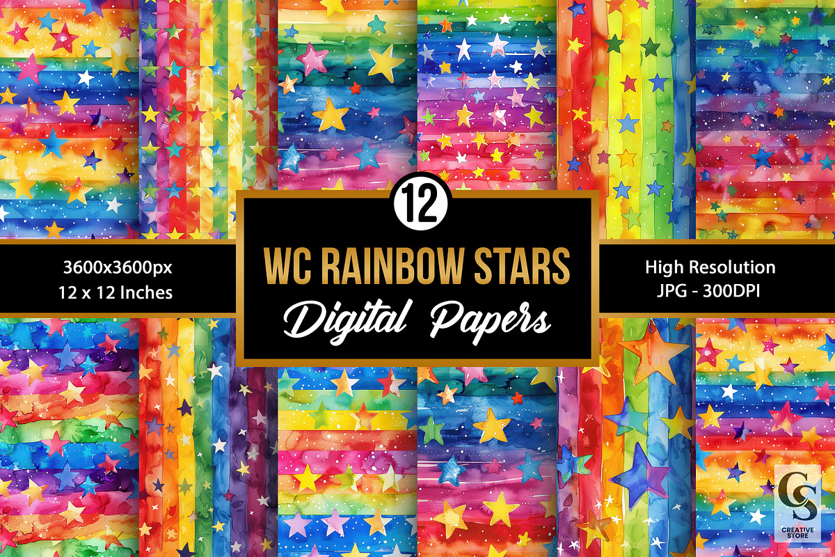 Watercolor Rainbow Stars Patterns, a Pattern Graphic by Creative Store (Photo 1 of 5)