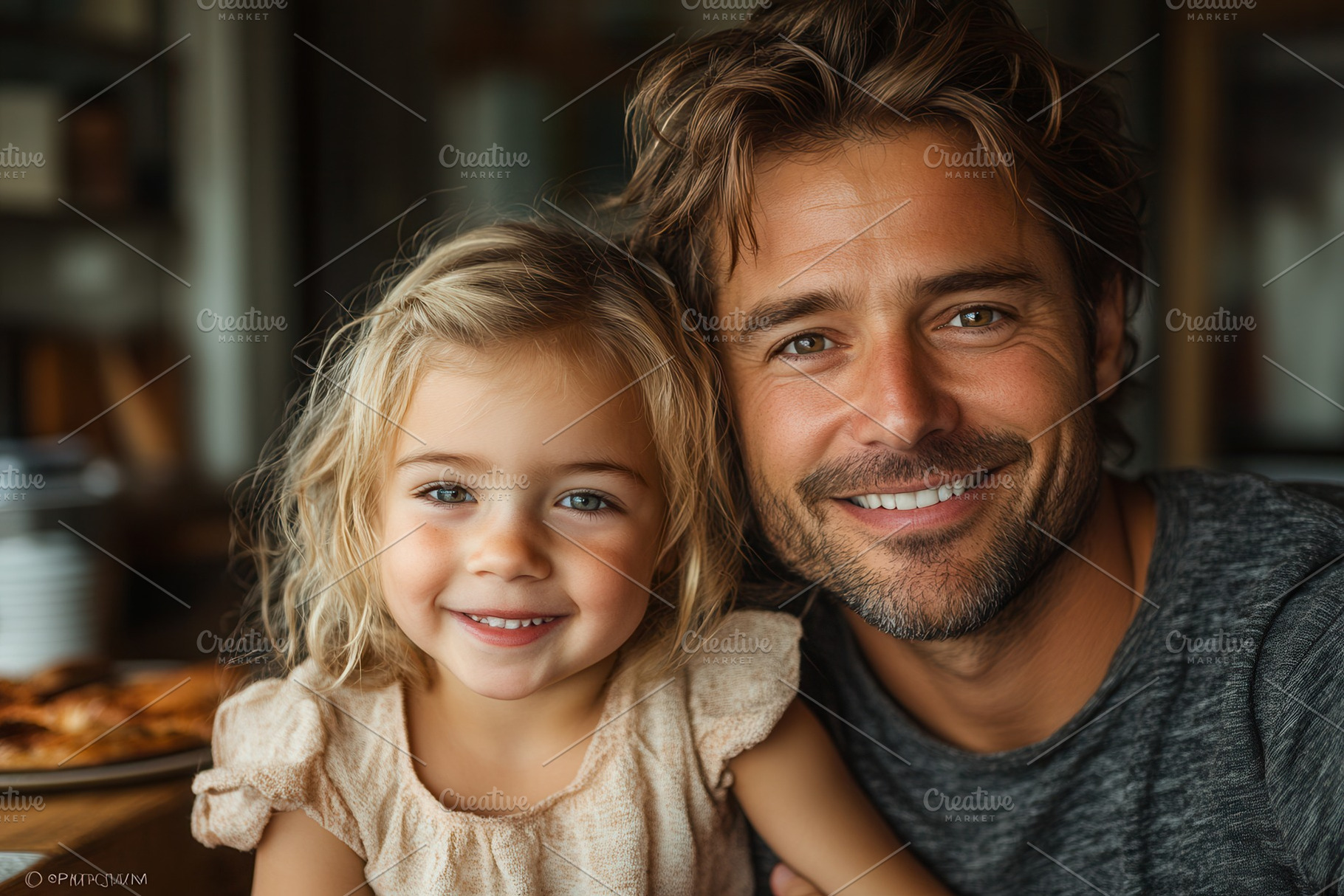 Smiling father and daughter enjoy br, a Photo by Tanuart