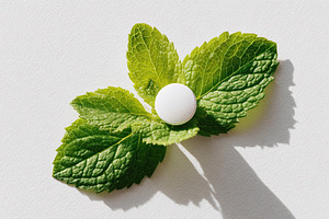 Close-up of a white round pill resting on green mint leaves in a bright setting, a Photo by AlyaAnd