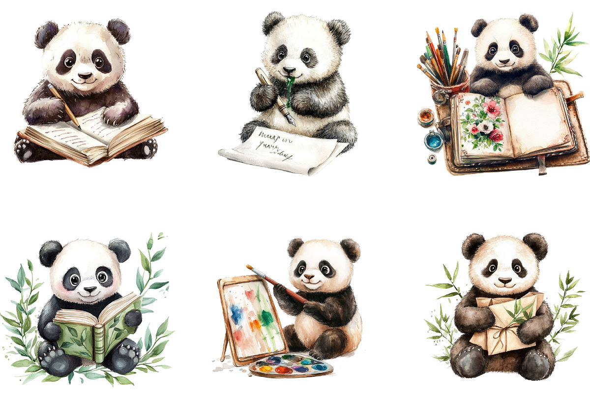 Watercolor Book Lover Panda clipart, a Seasonal Illustration by Designking (Photo 4 of 5)