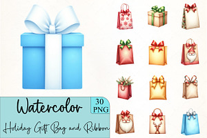 Holiday Gift Bag and Ribbon Clipart, an Illustration by CrexoraLab