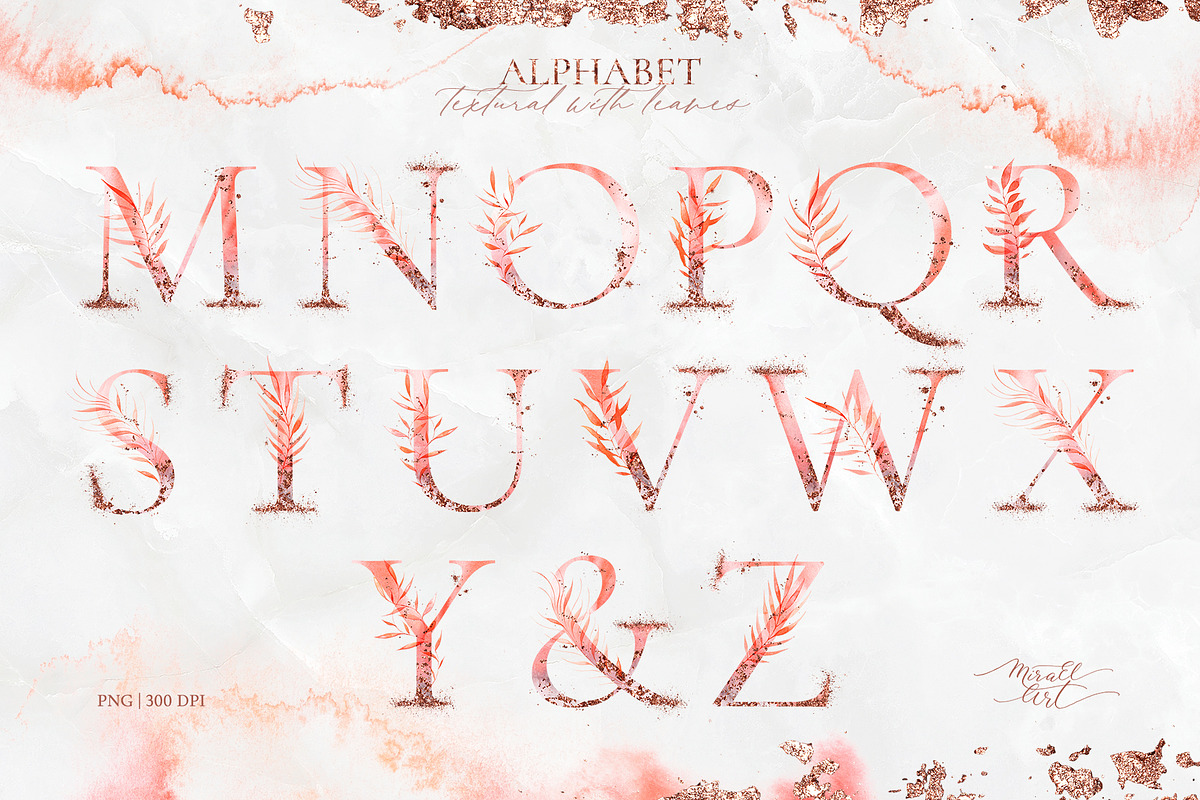 Pink watercolor leaves set. Alphabet, a Decorative Illustration by MiraEl Art (Photo 3 of 15)