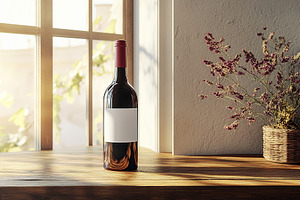 Elegant red wine bottle on wooden table by the window, a Food & Drink Photo by AlyaAnd