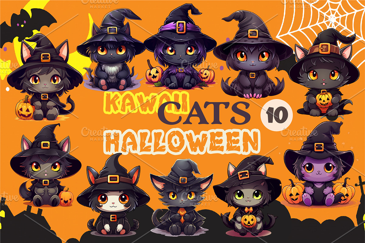 Cute Halloween Kawaii Cats. Sticker., an Animal Illustration by KENO Mascots (Photo 1 of 8)