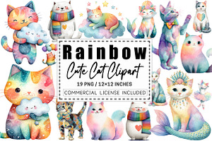 Adorable Rainbow Cute Cat Clipart., a Graphic by CitraGraphics