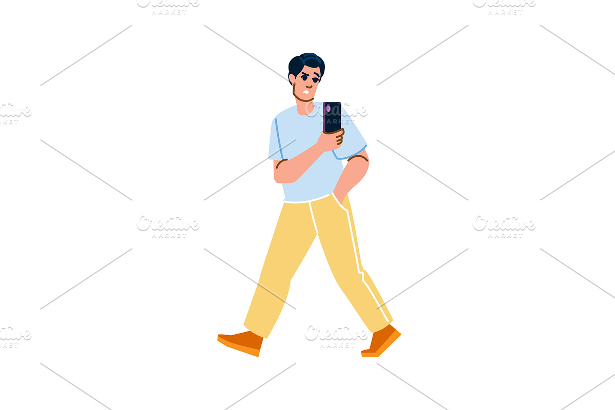 Young man walking and using, a Technology Illustration by pikepicture