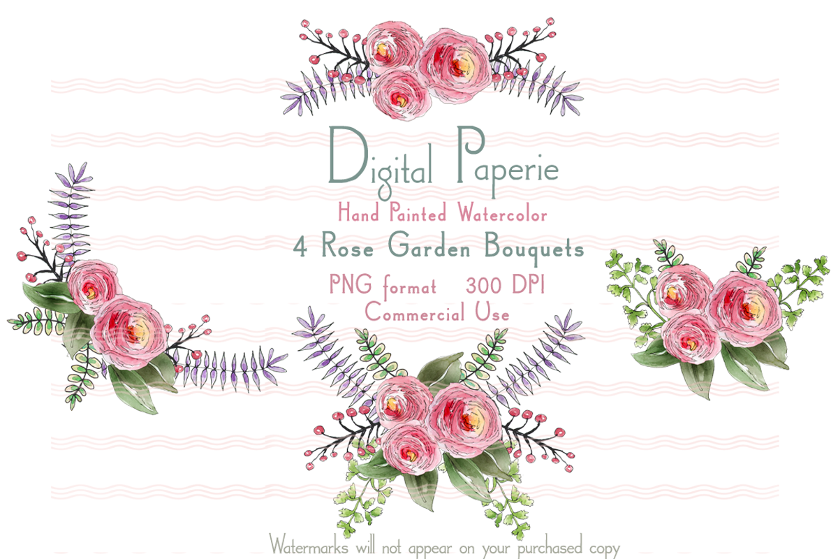 Watercolor Rose Garden Bouquets, an Illustration by Digital Paperie