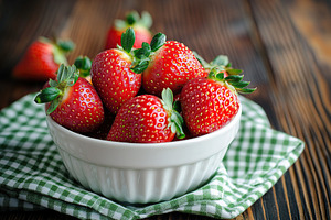 Fresh ripe red strawberries arranged beautifully in a white bowl on a checkered, a Food & Drink Photo by AlyaAnd