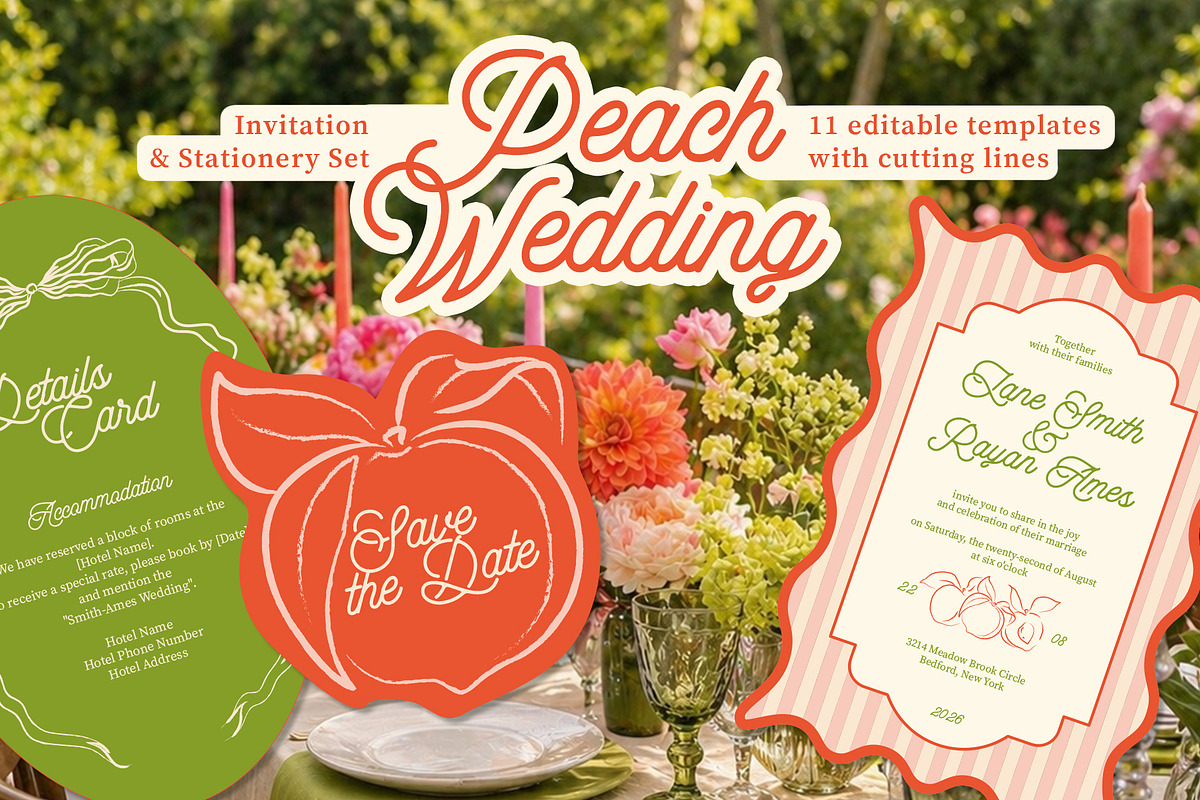Peach summer wedding templates set, a Stationery Template by Garden in frame (Photo 1 of 10)