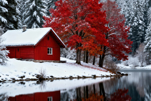 Vibrant Red Cabin & Autumn Trees, a Nature Photo by Virgo Studio