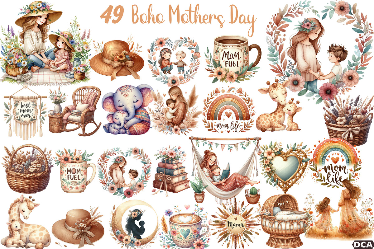 Boho Mothers Day Clipart, an Illustration by DreamCafeArt (Photo 1 of 6)