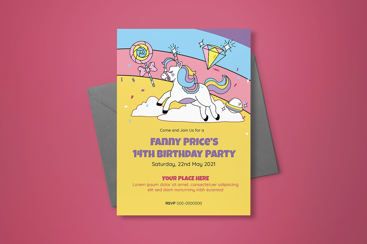 Cheerful Unicorn Birthday Invitation, an Invitation Template by graphicook (Photo 2 of 3)