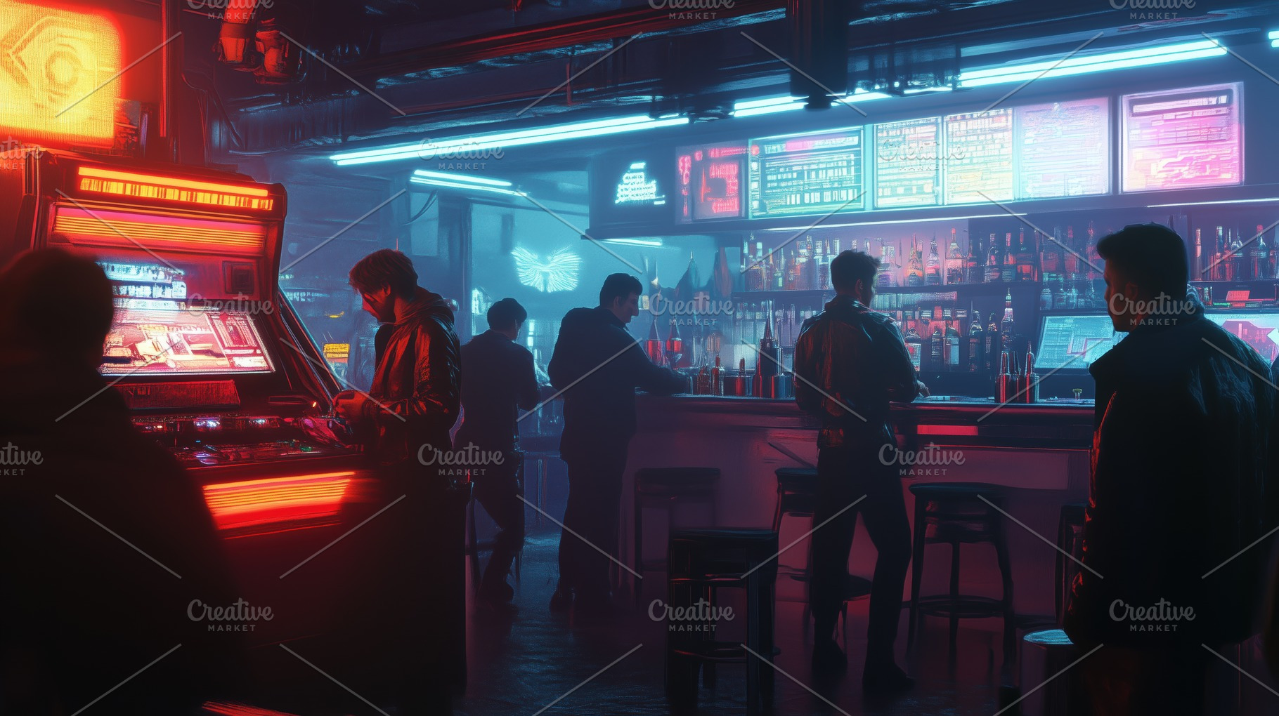 A vibrant, neon-lit bar scene featuring patrons interacting with a retro arcade, an Arts & Entertainment Photo by Textures & Backgrounds