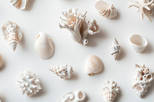 Minimalist Composition of Seashells and White Coral on Light Sur, an Abstract Photo by Natalia Klenova's Shop