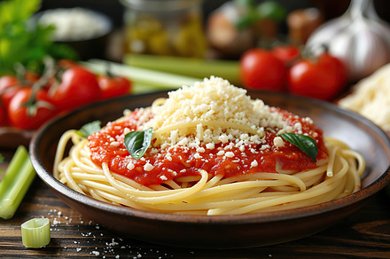 A plate of spaghetti topped with Bol, a Photo by LOGOCREATIVE