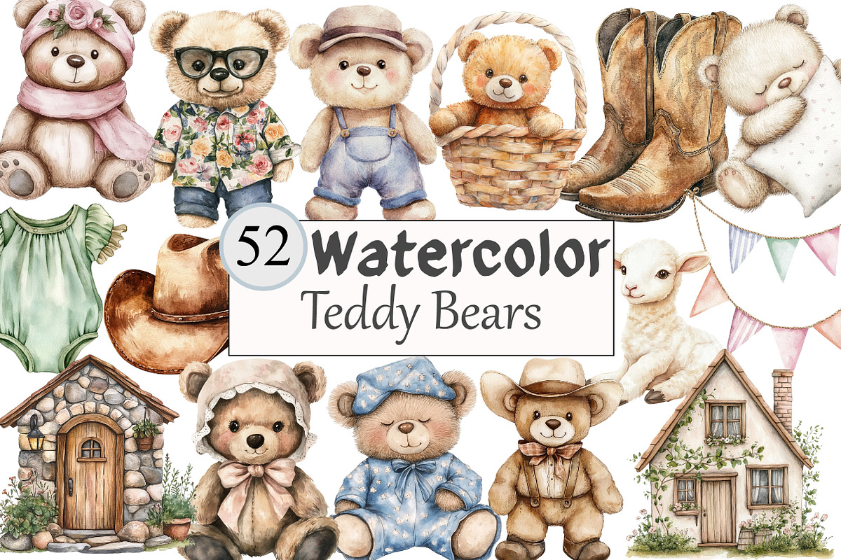 Watercolor Teddy Bears Clipart, a Seasonal Illustration by Design Market (Photo 1 of 5)