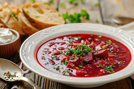 Plate of beet root soup borsch on wooden table, a Food & Drink Photo by AlyaAnd
