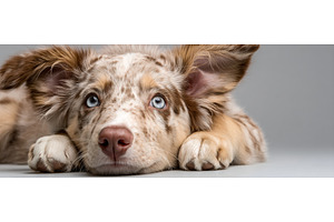 A puppy dog Australian Shepherd lies, an Animal Photo by ZinetroN