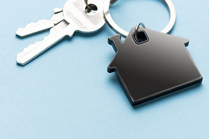 House keys with home shape keychain on blue background, a Business Photo by Olena Rudo