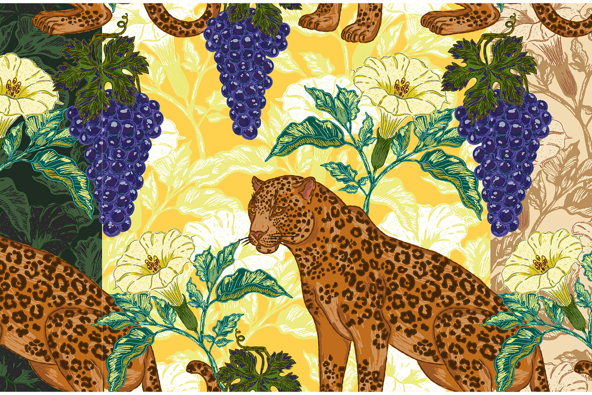 Jaguar, Datura & Grapes Pattern, a Pattern Graphic by NayaChu (Photo 1 of 12)