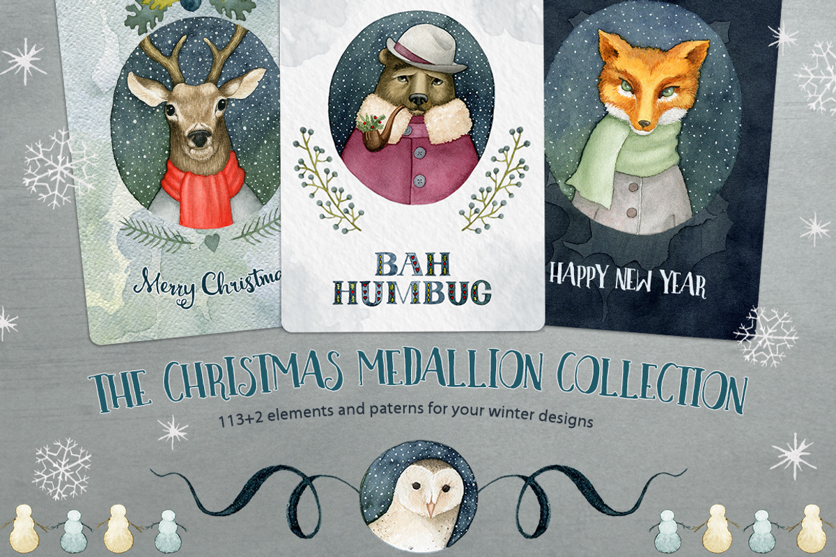 Watercolor Christmas Medallions, an Animal Illustration by Watercolor Nomads (Photo 1 of 3)