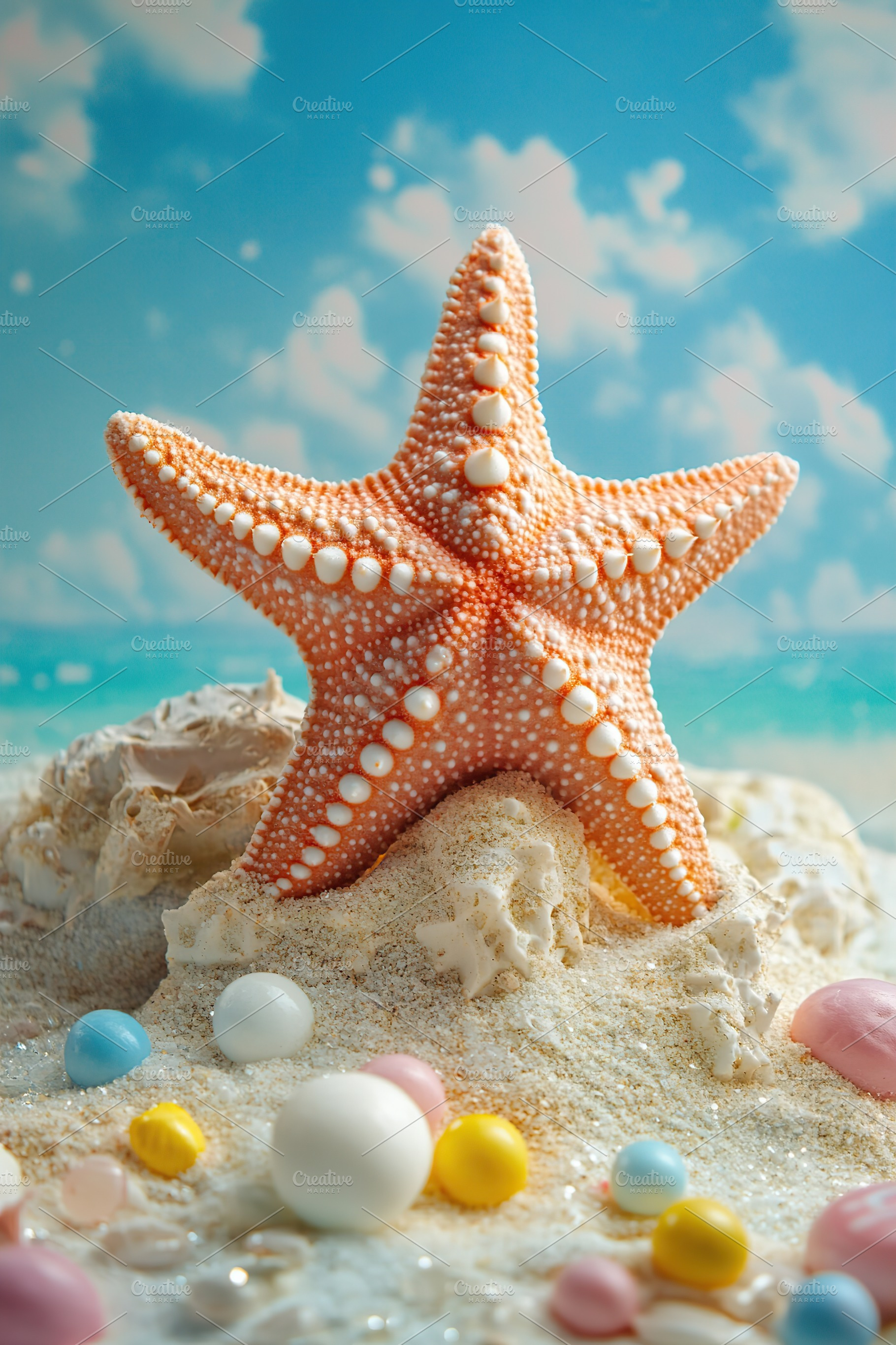 Unique orange starfish sits on sandy beach surrounded by colorful pebbles and s, a Photo by AlyaAnd