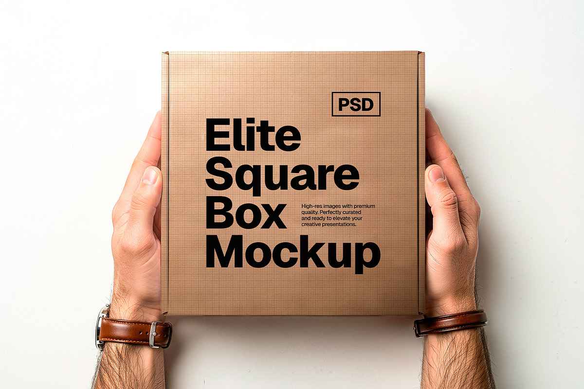 Square Box Packaging Mockup & Hands, a Packaging Mockup by Elite Mockups (Photo 4 of 8)