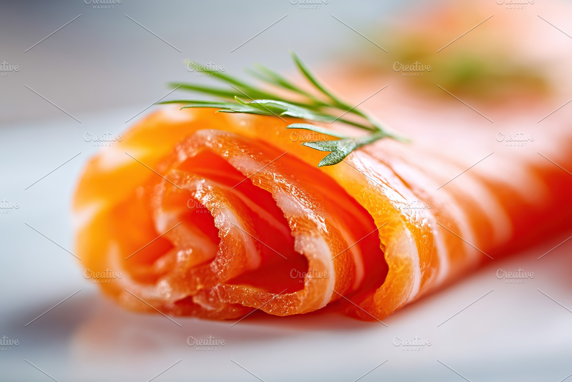 Delicate salmon roll garnished with fresh herbs on a clean white plate during m, a Food & Drink Photo by AlyaAnd