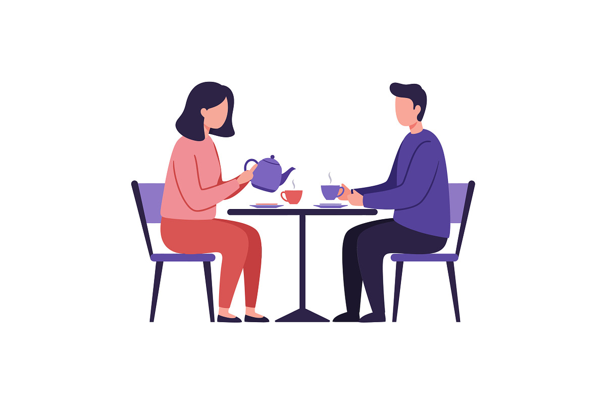 Engaging couple enjoying tea at a ta, an Illustration by designvectx