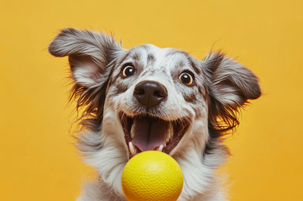 Excited Dog Watching Ball on Yellow Banner, an Abstract Photo by Natalia Klenova's Shop