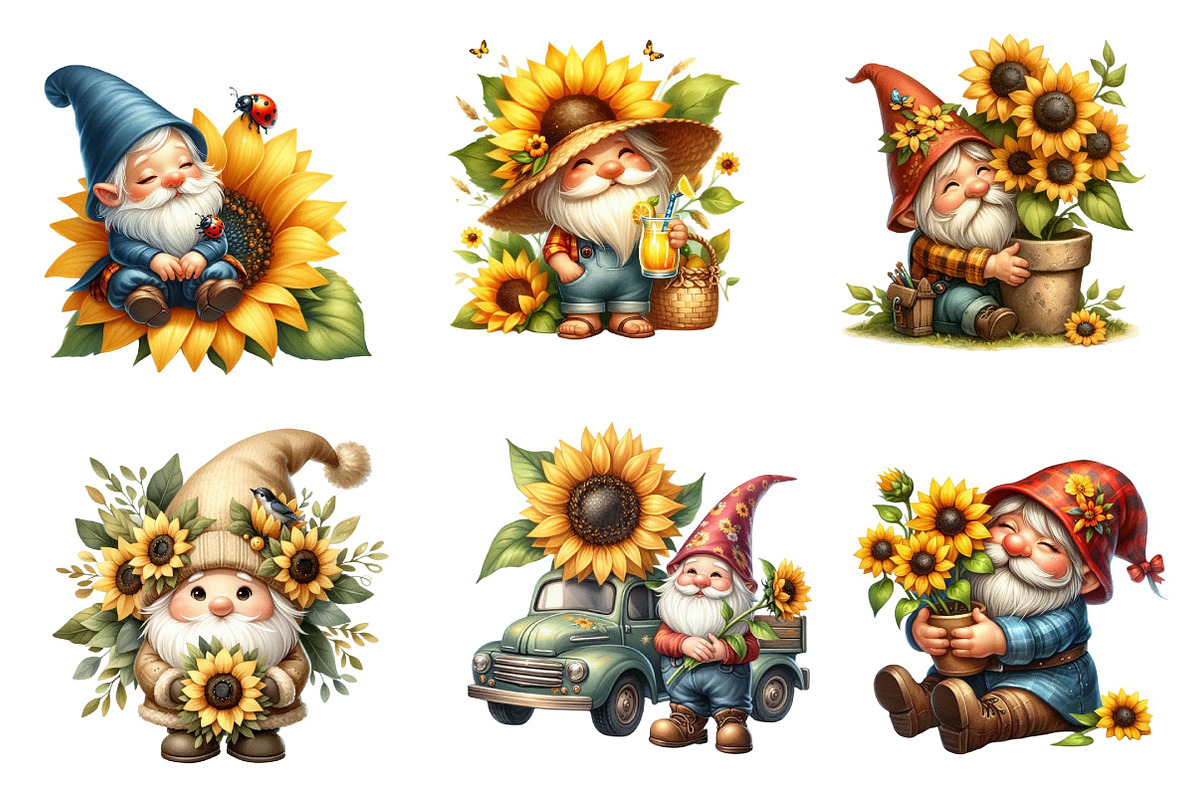 Watercolor Sunflower Gnomes Clipart, an Illustration by CreationArt (Photo 2 of 5)