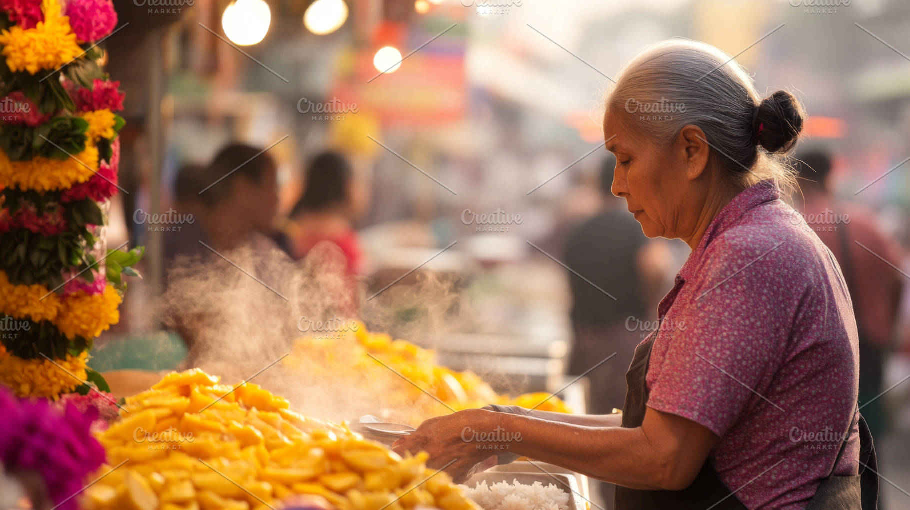 Asian street market scene with cheer, a Photo by Dvoevnore photos