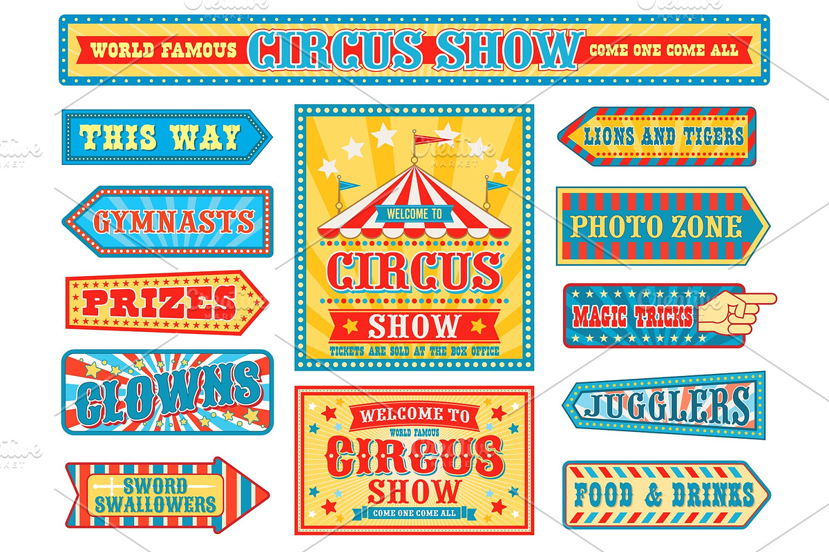 Retro circus badges, carnival signs, a Food Illustration by Buch&Bee