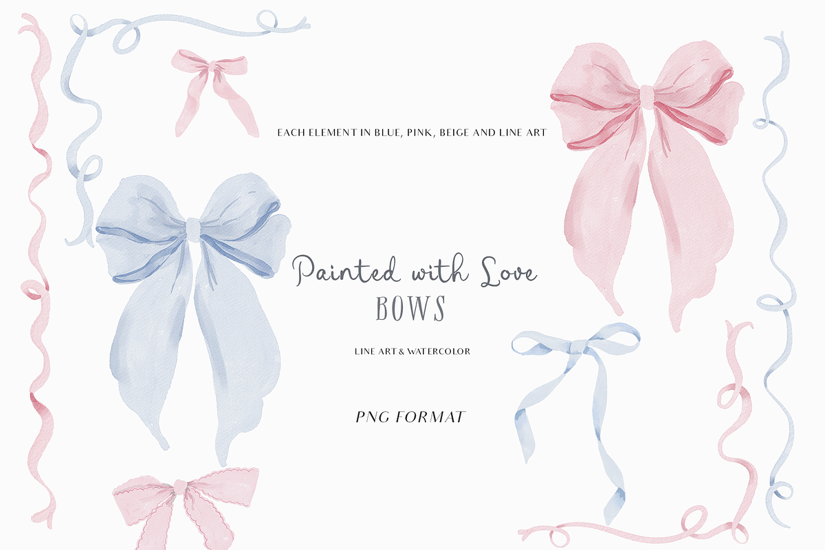 Watercolor Line art Bows Ribbons Set, a Decorative Illustration by Grace Noboa Illustrations (Photo 9 of 11)