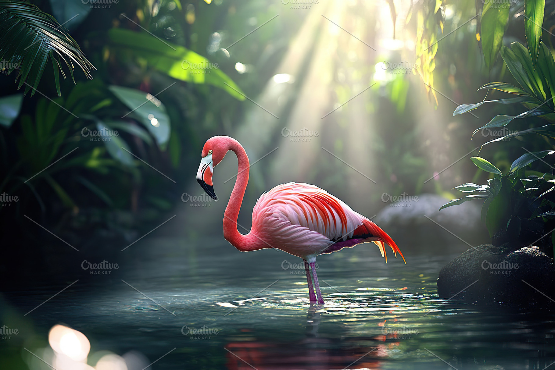 Flamingo standing in clear water with sunlights on blurred backg, a Photo by AlyaAnd