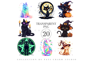 20 PNG Halloween Witch Cat Clipart, an Animal Illustration by Pati Charm Studio