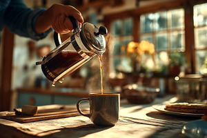 French Press Coffee Cozy Kitchen, a Food & Drink Photo by Ocean Digital Art