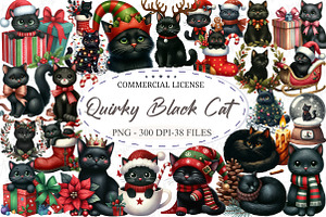 Quirky Christmas Black Cat Clipart, an Illustration by designcity5