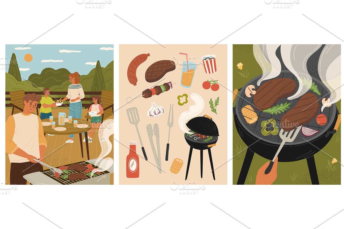 Barbeque party scene set with happy, an Illustration by vectorpointstudio