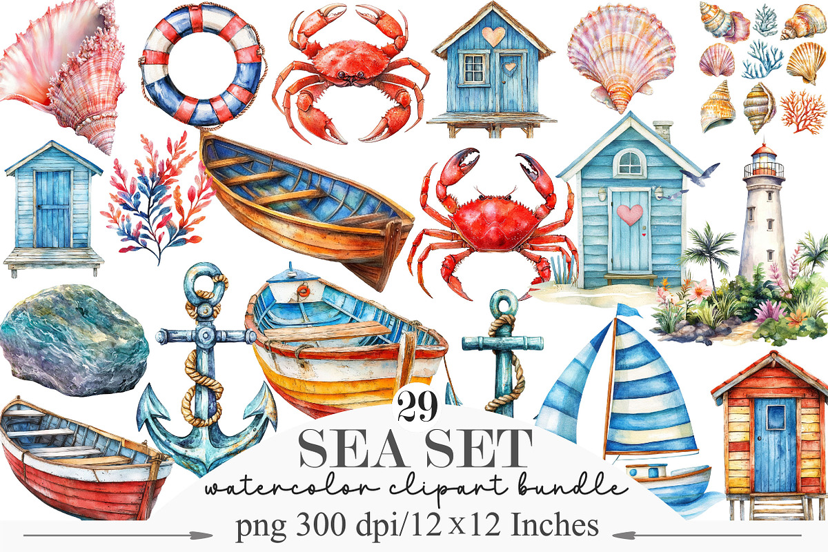 Watercolor Sea Set Clipart, an Illustration by Designking (Photo 1 of 5)