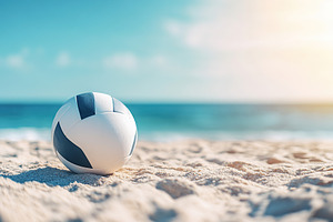 A bright volleyball sits on the soft, golden sand at a beach wit, a Sports & Recreation Photo by AlyaAnd