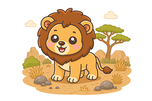 Lion Cartoon in African Savannah