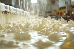 A close-up view of a creamy substance flowing in a factory setting, with bubble, a Person Photo by Textures & Backgrounds