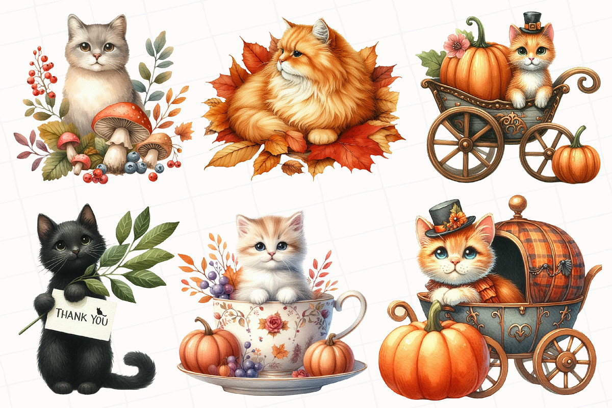 Watercolor Autumn Cat Clipart, an Illustration by OK Design (Photo 3 of 5)