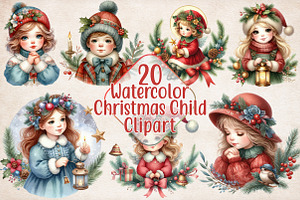 Watercolor Vintage Christmas Child, a Work Illustration by SinaCreation