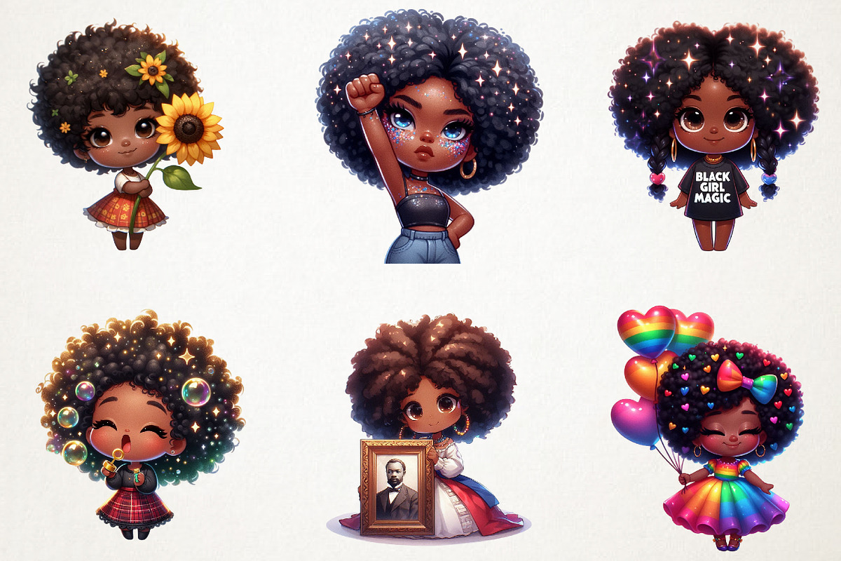 Juneteenth Black Chibi Girls Clipart, an Illustration by RobertsArt (Photo 4 of 7)
