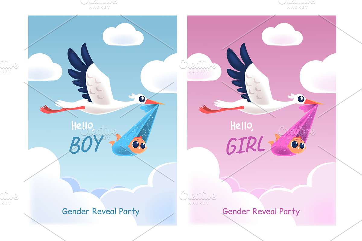 Gender party posters. Stork baby, an Object Illustration by Stock-Smart-Start
